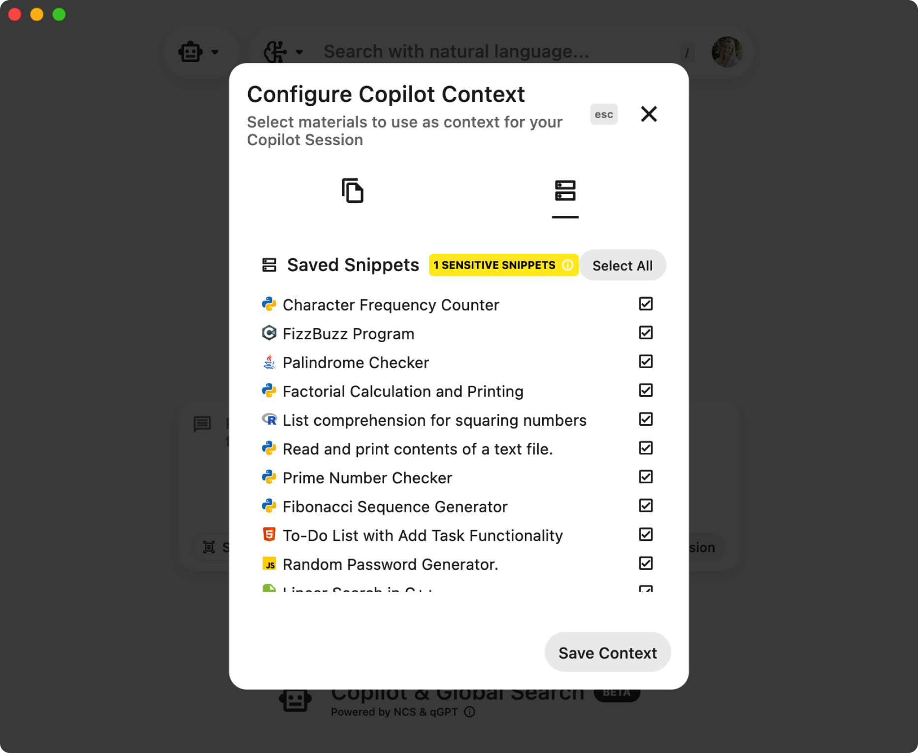 Setting Context for the Pieces Copilot